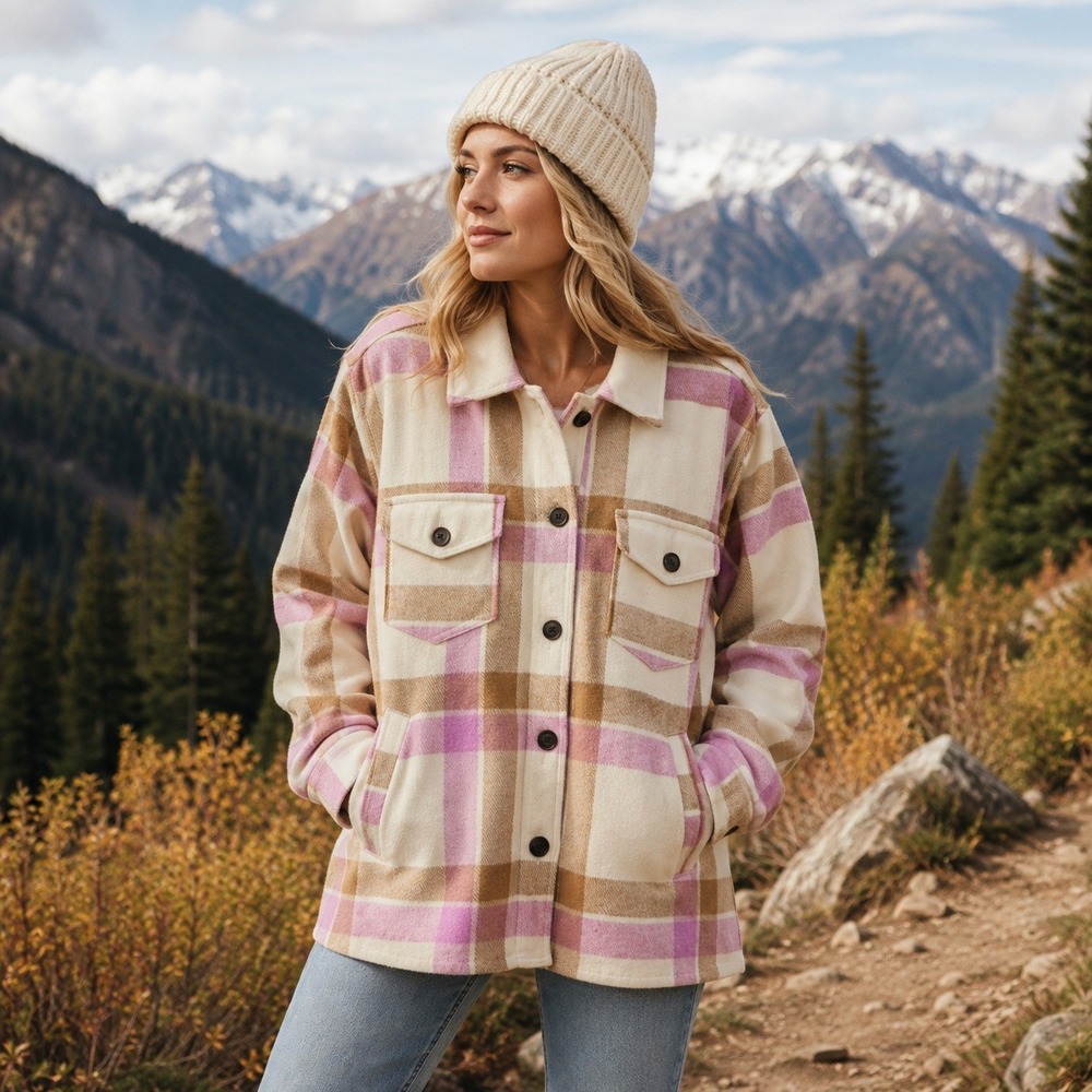 GAP Jacket Womens Size XL Pink Tan Plaid Shacket Top Heavy Outdoor Button Casual